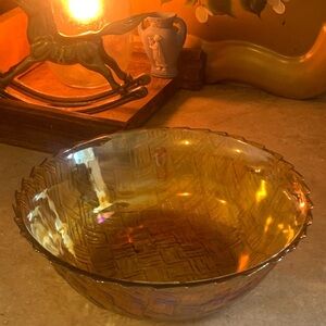 Vintage Indiana Glass Iridescent Carnival Glass Basket Weave Pattern 9” amber